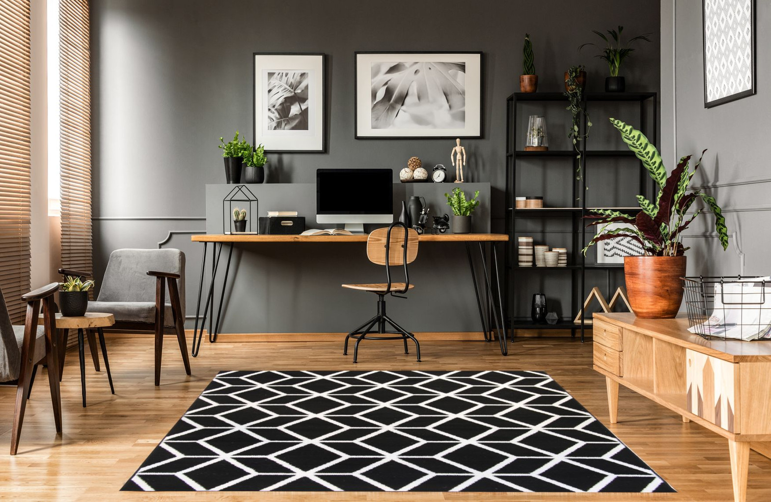 Geometrický černý koberec Almas 13 s bílými liniemi, sítí, kosočtverci, moderní, designový - Carpetforyou obrázek 2