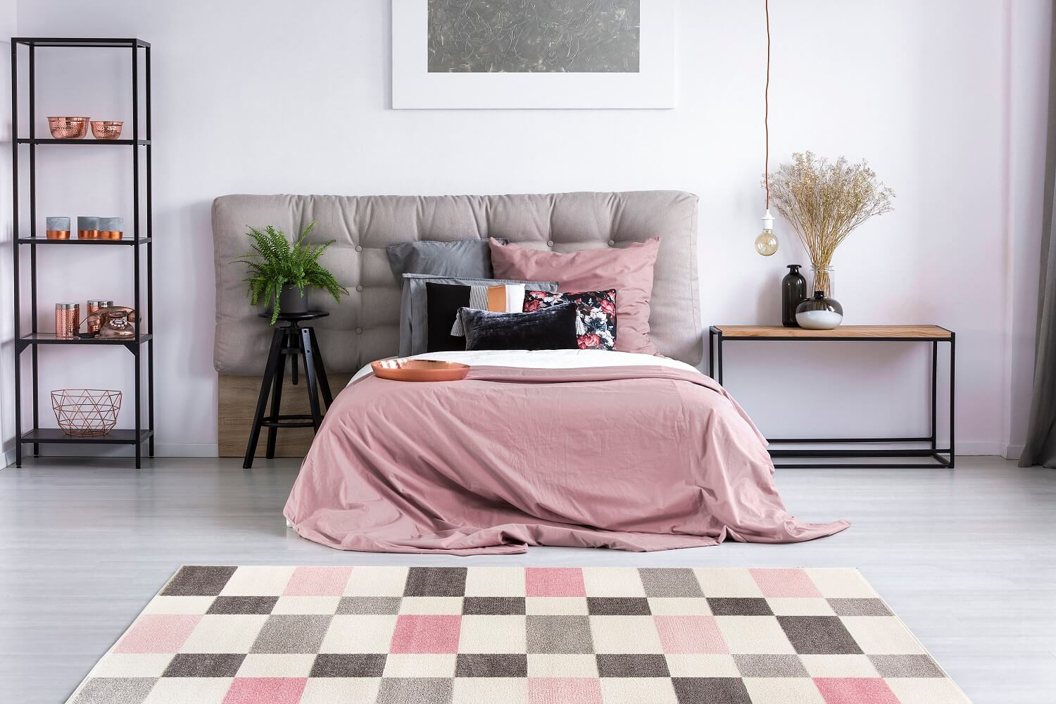 Elegantní koberec s šedými a růžovými čtverci, obdélníky na krémovém pozadí Pink Cubes pro dívku - Carpetforyou obrázek 2