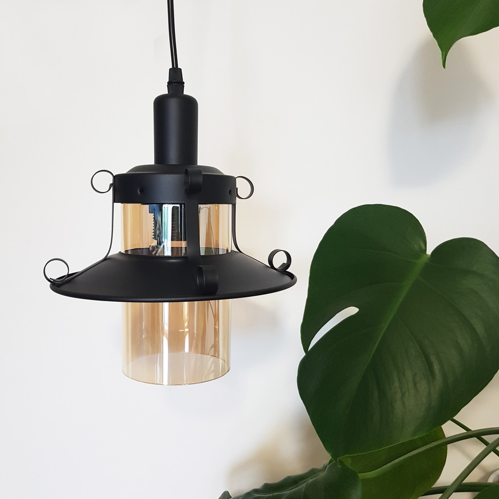 Skleněná jednoduchá závěsná lampa CAPRI W1 černo-jantarová loftová - Lumina Deco obrázek 4